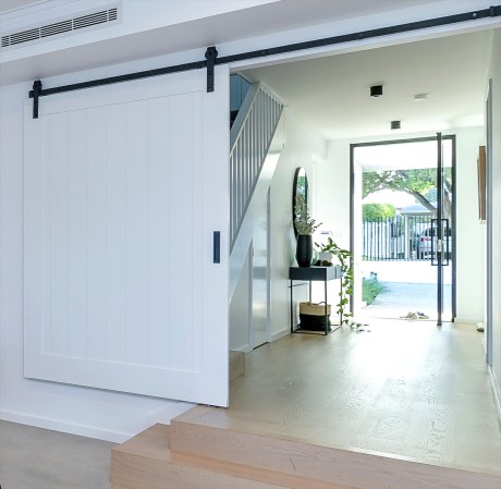 Barn door white timber black track Cedar West