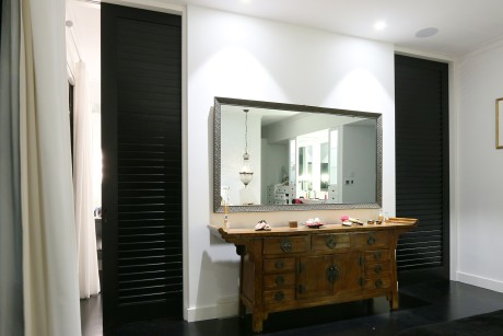 Cavity sliding door bathroom slats timber painted Cedar West