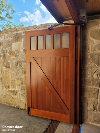 Chester door customised lites at top cross brace Cedar West