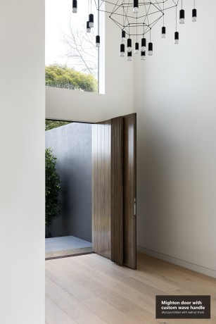 Mighton door wave handle accoya walnut stain Cedar West